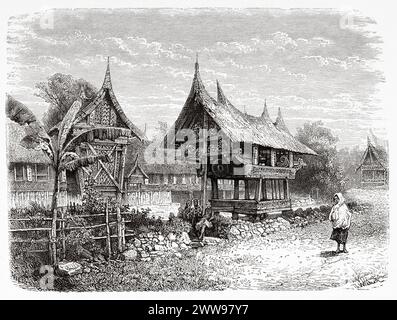 Una casa in stile architettonico Minangkabau con fienile di riso e casa tabù ad Alahan Pandjang, Padangse Bovenlanden, Isola di Sumatra. Indonesia. Disegno di Theodore Alexander Weber (1838 - 1907) attraverso l'isola di Sumatra 1877 di Daniel David Veth (1850 - 1885) le Tour du Monde 1880 Foto Stock