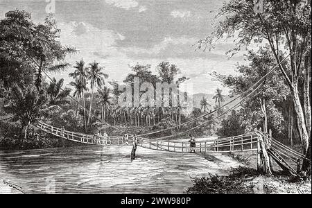 Ponte di rattan su un fiume a Bangko, Isola di Sumatra. Indonesia. Disegno di Theodore Alexander Weber (1838 - 1907) attraverso l'isola di Sumatra 1877 di Daniel David Veth (1850 - 1885) le Tour du Monde 1880 Foto Stock