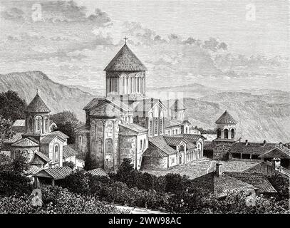 Gelati Monastery, un complesso monastico medievale vicino a Kutaisi nella regione Imerezia della Georgia occidentale. Uno dei primi monasteri in Georgia fondato nel 1106 da re Davide IV di Georgia come centro monastico ed educativo, la Georgia. Europa orientale. Disegno di Taylor. Escursioni nel Caucaso. Dal Mar Nero al Mar Caspio 1875-1876 di Madame Clara Serena (1820 - 1884) le Tour du Monde 1880 Foto Stock