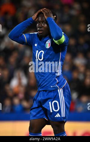 Cesena, Italia. 22 marzo 2024. Wilfried Gnonto, italiano, guarda durante la partita di qualificazione del Campionato europeo Under 21 2025 tra Italia e Lettonia allo stadio Dino Manuzzi - Sport, calcio - Cesena, Italia - venerdì 22 marzo 2024 (foto di massimo Paolone/LaPresse) Credit: LaPresse/Alamy Live News Foto Stock