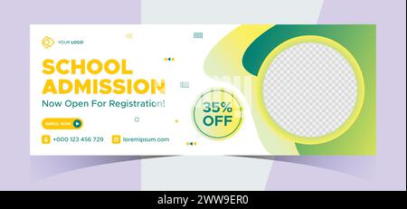 ingresso scolastico copertina fotografica social media e banner web. Modello di banner Web per l'istruzione online Back to School. Progettazione e-learning per l'educazione dei bambini Illustrazione Vettoriale