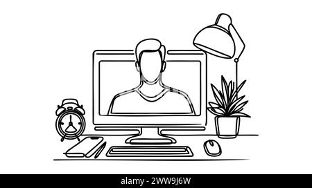 Luogo di lavoro in stile artistico continuo su una linea. Scrivania da ufficio con monitor. Semplice illustrazione vettoriale. Illustrazione Vettoriale