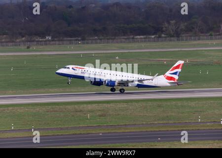 G-LCYZ British Airways Embraer ERJ-190SR, opby BA CityFlyer am Flughafen Düsseldorf. DUS EDDL. Düsseldorf, Nordrhein-Westfalen, DEU, Deutschland, 14.03.2024 *** G LCYZ British Airways Embraer ERJ 190SR, opby BA CityFlyer presso Düsseldorf Airport DUS EDDL Düsseldorf, Renania settentrionale-Vestfalia, DEU, Germania, 14 03 2024 Foto Stock