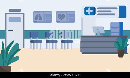 Illustrazione vettoriale in stile cartoni animati di una sala d'attesa vuota dell'ospedale con sedie blu, una reception con un computer e una pianta in vaso. Niente persone. Illustrazione Vettoriale