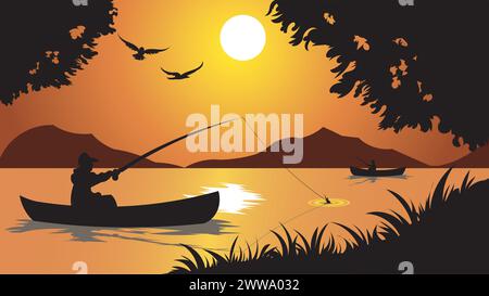 Scena di pesca con la silhouette di un pescatore in canoa su un lago al tramonto. Con fauna selvatica e uccelli nel tranquillo paesaggio estivo, illustrazione vettoriale. Illustrazione Vettoriale