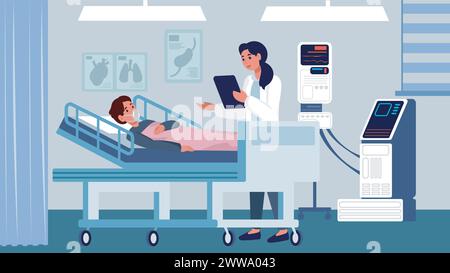 Un medico donna in un cappotto bianco visita un paziente che riposa in un letto d'ospedale per ascoltare le preoccupazioni del paziente. Stanza clinica medica con medico e pa Illustrazione Vettoriale