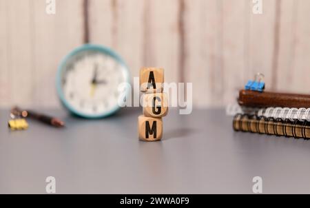 AGM (Assemblea generale annuale) acronimo sui cubi di legno Foto Stock