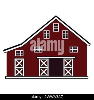 Icona Vector Wooden fienile House. Illustrazione isolata di tavole rosse fattoria con cancello e tetto su sfondo bianco Illustrazione Vettoriale