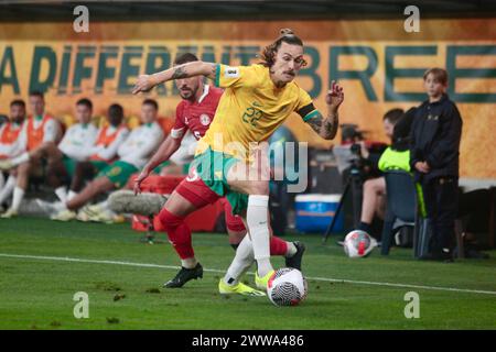 Sydney, Aus. 21 marzo 2024. Sydney, Australia, gio 21 marzo 2024 Jackson Irvine dell'Australia durante il secondo turno di qualificazione della Coppa del mondo FIFA 2026 Australia Socceroos contro Libano al Parramatta Stadium (CommBank Stadium) gio 21 marzo 2024, Sydney, Australia. (Patricia Pérez Ferraro/SPP) credito: SPP Sport Press Photo. /Alamy Live News Foto Stock