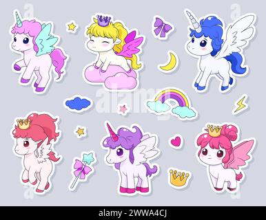 Pacchetto di adesivi cartoni animati con unicorno e pony. Illustrazione Vettoriale