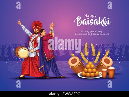 Felice festival Baisakhi di Punjab India background. gente che gioca a danza lohri. disegno dell'illustrazione vettoriale astratta. Illustrazione Vettoriale