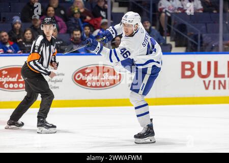 22 marzo 2024: L'attaccante dei Toronto Marlies Alex Steeves (10) pattina nel primo periodo contro i Rochester Americans. I Rochester Americans ospitarono i Toronto Marlies in una partita della American Hockey League alla Blue Cross Arena di Rochester, New York. (Jonathan tenca/CSM) Foto Stock