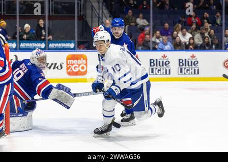 22 marzo 2024: L'attaccante dei Toronto Marlies Jospeh Blandisi (10) pattina nel primo periodo contro i Rochester Americans. I Rochester Americans ospitarono i Toronto Marlies in una partita della American Hockey League alla Blue Cross Arena di Rochester, New York. (Jonathan tenca/CSM) Foto Stock