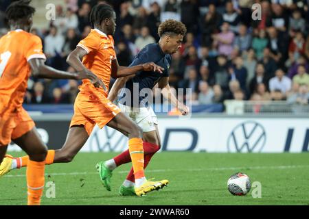 Chateauroux, Francia. 22 marzo 2024. Desire Doue di Francia durante l'amichevole internazionale Under 23 tra Francia U23 e Costa d'Avorio U23 il 22 marzo 2024 allo Stade Gaston Petit di Chateauroux, Francia - foto Jean Catuffe/DPPI Credit: DPPI Media/Alamy Live News Foto Stock