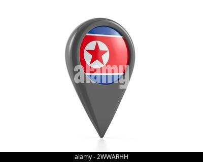 Marcatore con bandiera della Corea del Nord su sfondo bianco. illustrazione 3d. Foto Stock