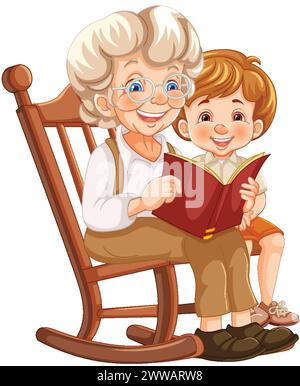 Donna anziana e bambino che si godono un libro insieme Illustrazione Vettoriale