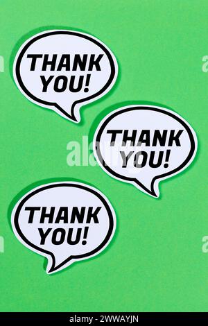 Grazie discorso bolle comunicazione concetto aziendale formato verticale verde Foto Stock