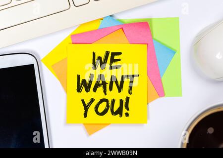 Vogliamo che lavori, lavori di reclutamento dipendenti carriera concetto di business su un lavoro di scrivania Foto Stock