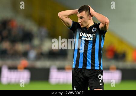 Brugge, Belgio. 14 marzo 2024. Ferran Jutgla (9) del Club Brugge reagisce durante il turno della UEFA Conference League del 16 - partita di andata nella stagione 2023-2024 tra il Club Brugge KV e il Molde FK il 14 marzo 2024 a Brugge, Belgio. (Foto di David Catry/Isosport) credito: Sportpix/Alamy Live News Foto Stock
