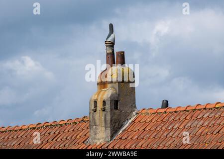 camino su un tetto con piastrelle di argilla Foto Stock