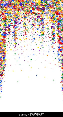 Modello di carta di san valentino con cuori cadenti. Cuori sparsi di colore arcobaleno. Biglietto di san valentino LGBT. Illustrazione vettoriale caotica dei cuori cadenti. Illustrazione Vettoriale