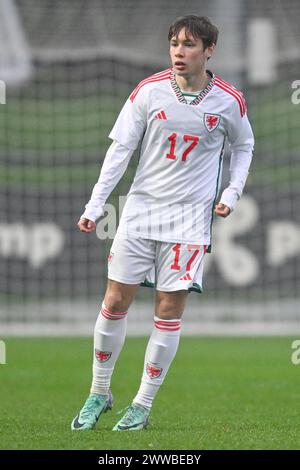 Tubize, Belgio. 22 marzo 2024. Trey George (17) del Galles nella foto di venerdì 22 marzo 2024 a Tubize, in Belgio, durante una partita amichevole di calcio tra le nazionali Under 18 del Belgio e del Galles. Crediti: Sportpix/Alamy Live News Foto Stock