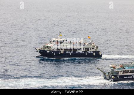 Vista di due linee di traghetto Blue Bird che si incontrano al largo della costa di Gran Canaria, trasportando i turisti in un'escursione turistica attraverso l'Oceano Atlantico. Spagna Foto Stock