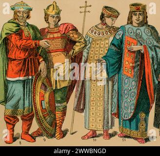 Bizantini, 1000-1200. Da sinistra a destra: 8-9: guerrieri, 10: Abito regale, 11: imperatrice. Cromolitografia. "Historia Universal", di César Cantú. Volume V, 1884. Foto Stock