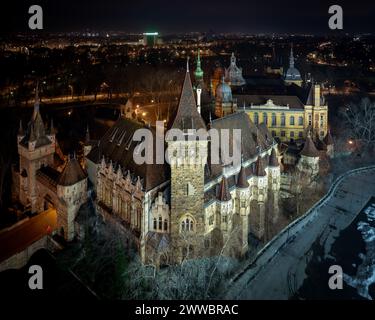 Il castello di Vajdahunyad (ungherese-Vajdahunyad vara) è un castello situato nel parco cittadino di Budapest, in Ungheria. Stupin aerail night phot. Popolare attrazione turistica Foto Stock