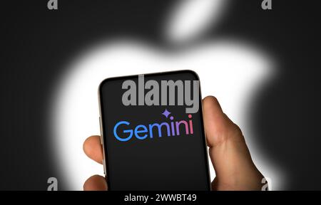 Applicazione Gemini visualizzata sullo smartphone con il logo aziendale Apple sullo sfondo Foto Stock