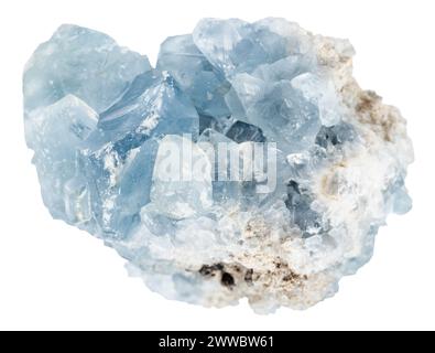 Primo piano di un campione di pietra naturale proveniente dalla collezione geologica - cristalli minerali di celestite grezzi isolati su sfondo bianco del Madagascar Foto Stock