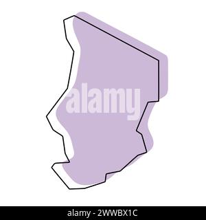 Mappa semplificata del paese del Ciad. Silhouette viola con contorno sottile nero liscio isolato su sfondo bianco. Semplice icona vettoriale Illustrazione Vettoriale
