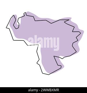 Mappa semplificata del paese del Venezuela. Silhouette viola con contorno sottile nero liscio isolato su sfondo bianco. Semplice icona vettoriale Illustrazione Vettoriale