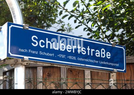 Schubertstraße, che prende il nome dal compositore austriaco Franz Schubert 1797-1828, insegna a Wels alta Austria, Austria Foto Stock