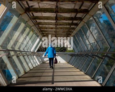 Una persona che cammina attraverso un passaggio passeggeri sulla Dart Line nella città di Dublino, Irlanda. Foto Stock