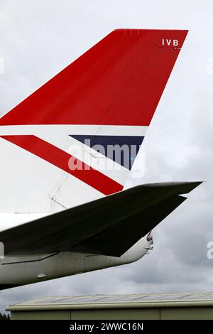 Tailplane del Boeing 747 Negus, esposizione statica all'aeroporto di Cotswold, EGBP. G-CIVB. Sir Arthur Negus. Segni storici della livrea BOAC. Foto Stock