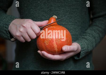 Mani di donna che tagliano la zucca Hokkaido organica con Smart Branding Foto Stock