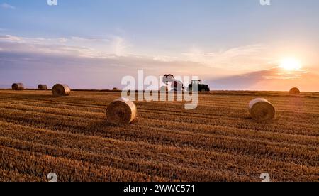 Imballaggio di un campo agricolo sotto il cielo al tramonto Foto Stock