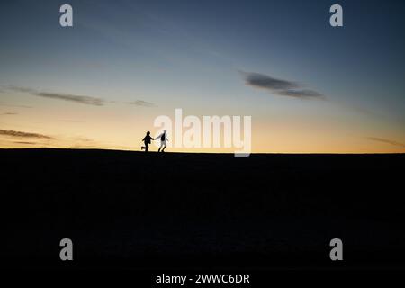 Giovane coppia che si tiene per mano e corre in spiaggia Foto Stock