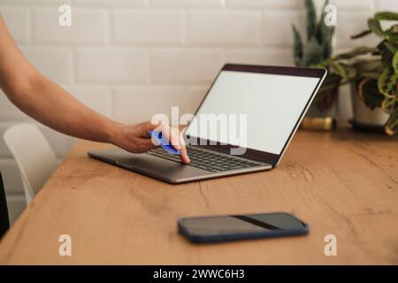 Mano di donna che usa un computer portatile e tiene la carta di credito a casa Foto Stock