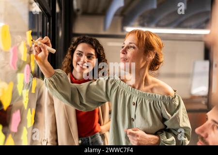 Donna d'affari che scrive su appunti adesivi sul muro durante una riunione in ufficio Foto Stock