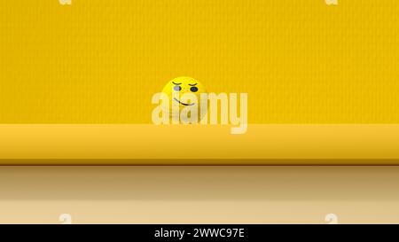 Rendering 3D della sfera con faccia sorridente su sfondo giallo Foto Stock