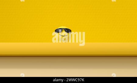 Rendering 3D della sfera con faccia sorridente su sfondo giallo Foto Stock