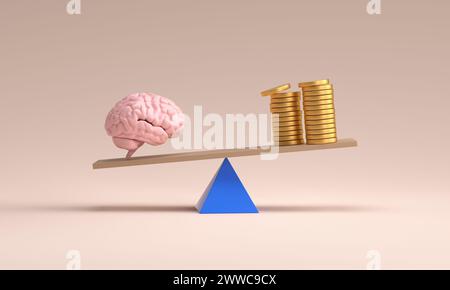 Equilibrio di cervello e denaro su sfondo colorato Foto Stock