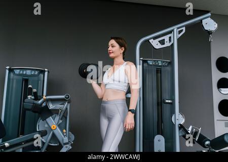 Donna matura che si allena con il manubrio in palestra Foto Stock