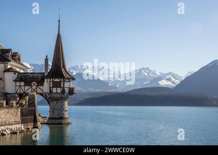 Svizzera, Cantone di Berna, Thun, Lago di Thun con il Castello di Oberhoffen in primo piano Foto Stock