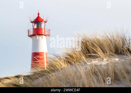 Germania, Schleswig-Holstein, List, List Ost faro con duna erbosa in primo piano Foto Stock