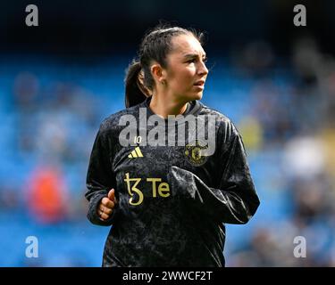 Katie Zelem del Manchester United Women si scalda in vista della partita, durante la partita di fa Women's Super League Manchester City Women vs Manchester United Women all'Etihad Stadium di Manchester, Regno Unito, 23 marzo 2024 (foto di Cody Froggatt/News Images) Foto Stock