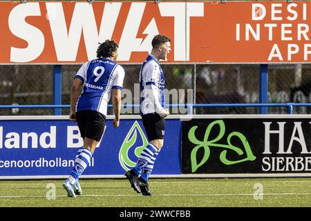 HEEMSKERK - 23-03-2024, Sportpark de Vlotter. Betnation Divisie. Dutch Tweede divisie, stagione 2023-2024. Durante la partita ADO 20 - Excelsior Maassluis. Il giocatore del ADOÕ20 Joey van Esveld festeggia dopo aver segnato 1-0 Foto Stock