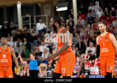 Il giocatore di Valence #37 semi Ojeleye reagisce durante la partita di Eurolega tra AS Monaco e Valence Basket al punteggio finale di salle Gaston-Medecin; Monaco 79:78 Valencia Basket. Foto Stock